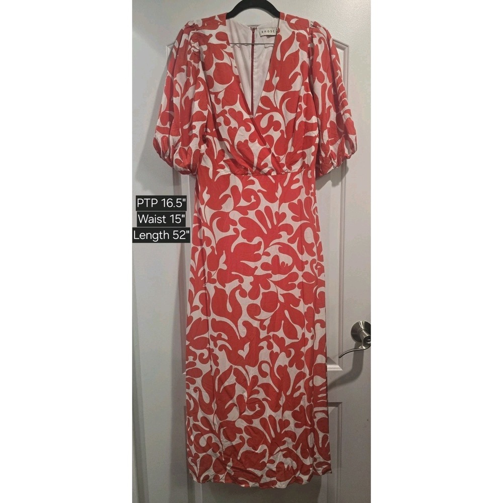 Rhode Ina Midi Dress W/ Puff Sleeves in Red Caspi Sz 6 NWT MSRP $450